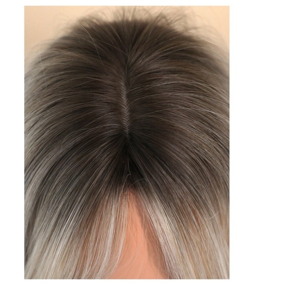 Blonde Layered hair Wig With Curtain Bangs Dark Roots Medium length - Picture 4 of 11